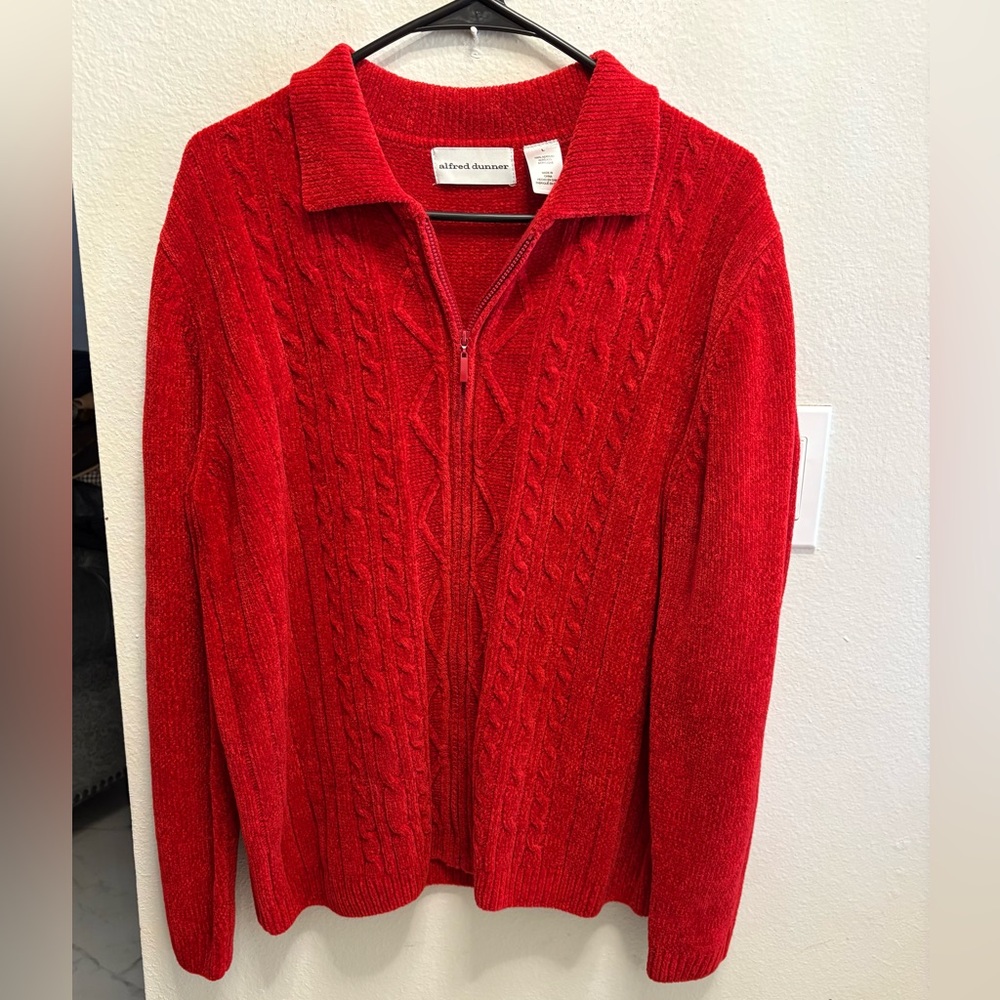 Alfred Dunner Bright Red Cable Zip-Up Sweater